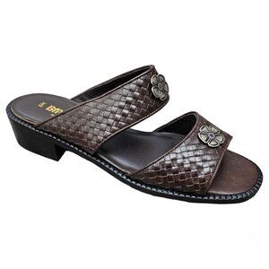 🔥272 Bruno De Milano Leather Woven Floral Slip On Brown Boho Sandals NEW